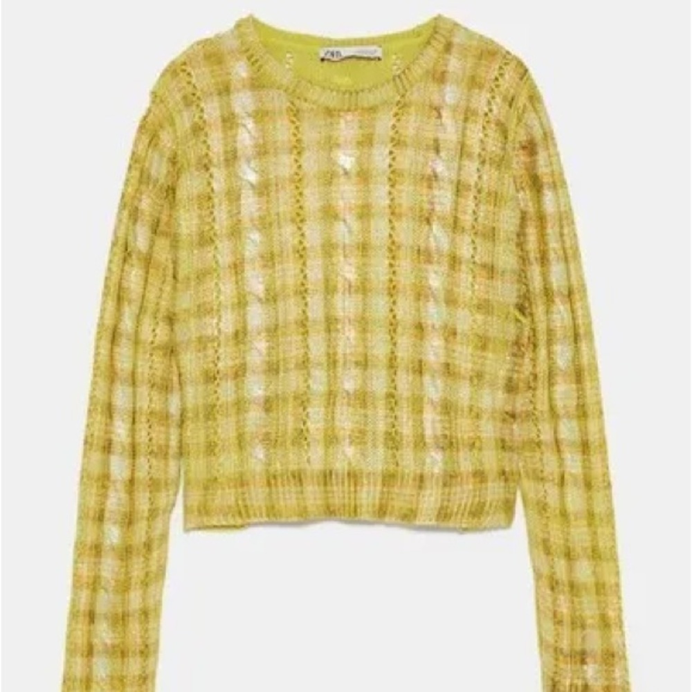 ZARA Metallic Cable Knit Plaid Cropped Sweater